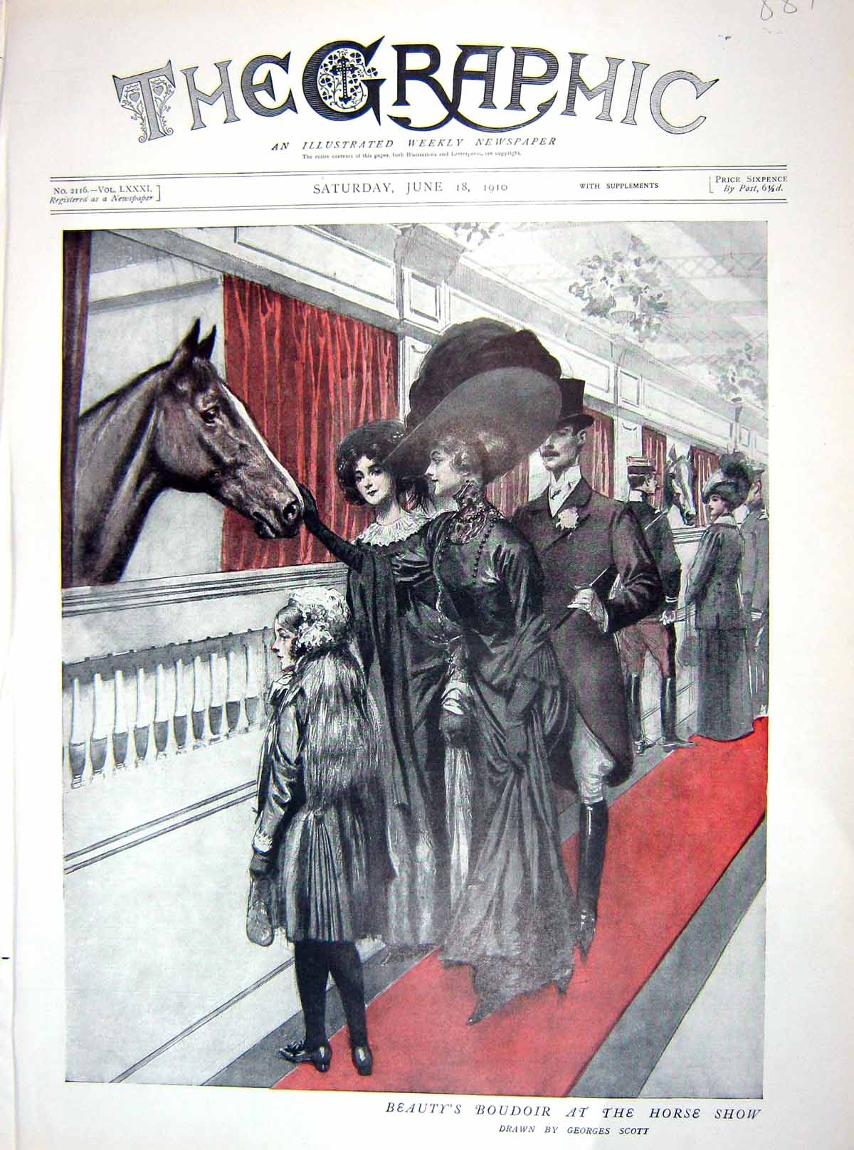 Old Antique Print Colour 1910 Beauty'S Boudoir Horse Show Stalls Owners 20th