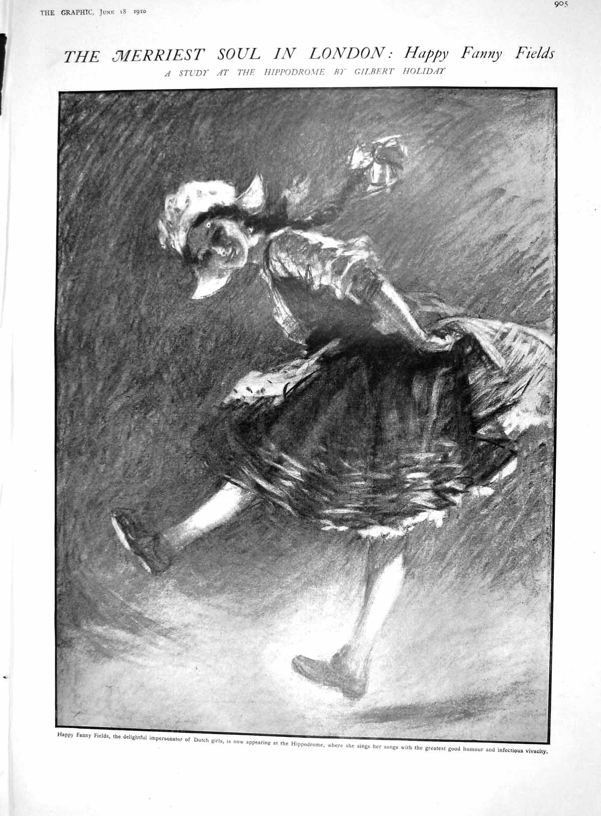 Antique Old Print 1910 Happy Fanny Fields Dutch Girl Impersonator Hippodrome