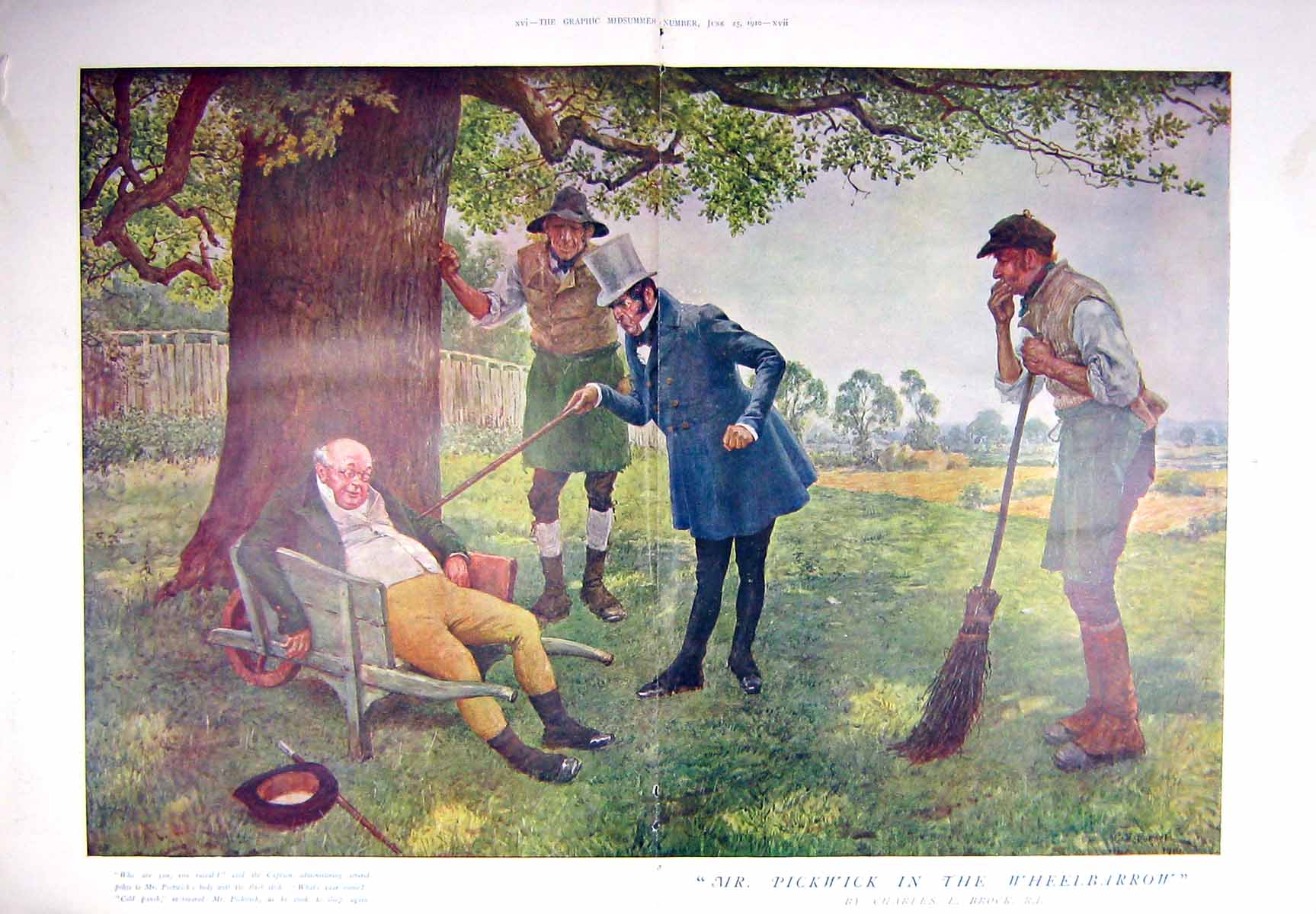 Original Old Antique Print 1910 Colour Mr Pickwick Wheelbarrow Charles Brock