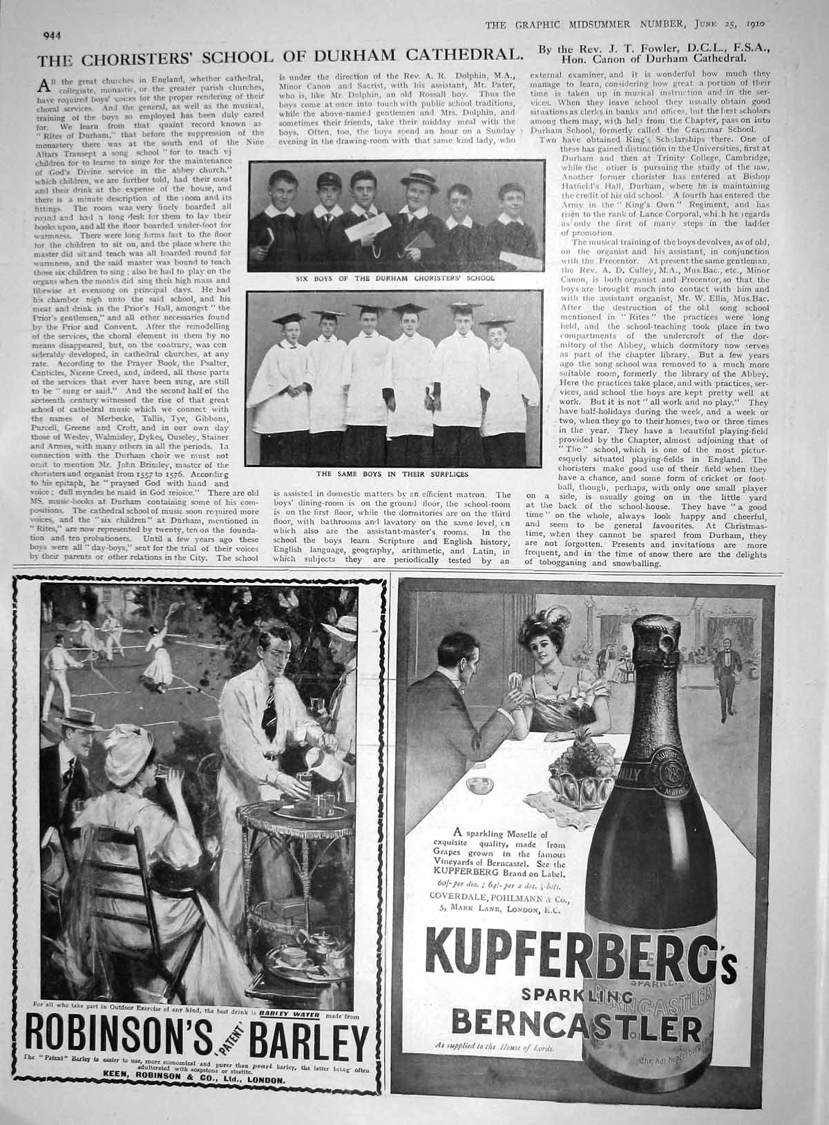 Old Print 1910 Boys Durham Choristers School Kupferbergs Robinson Barley 20th