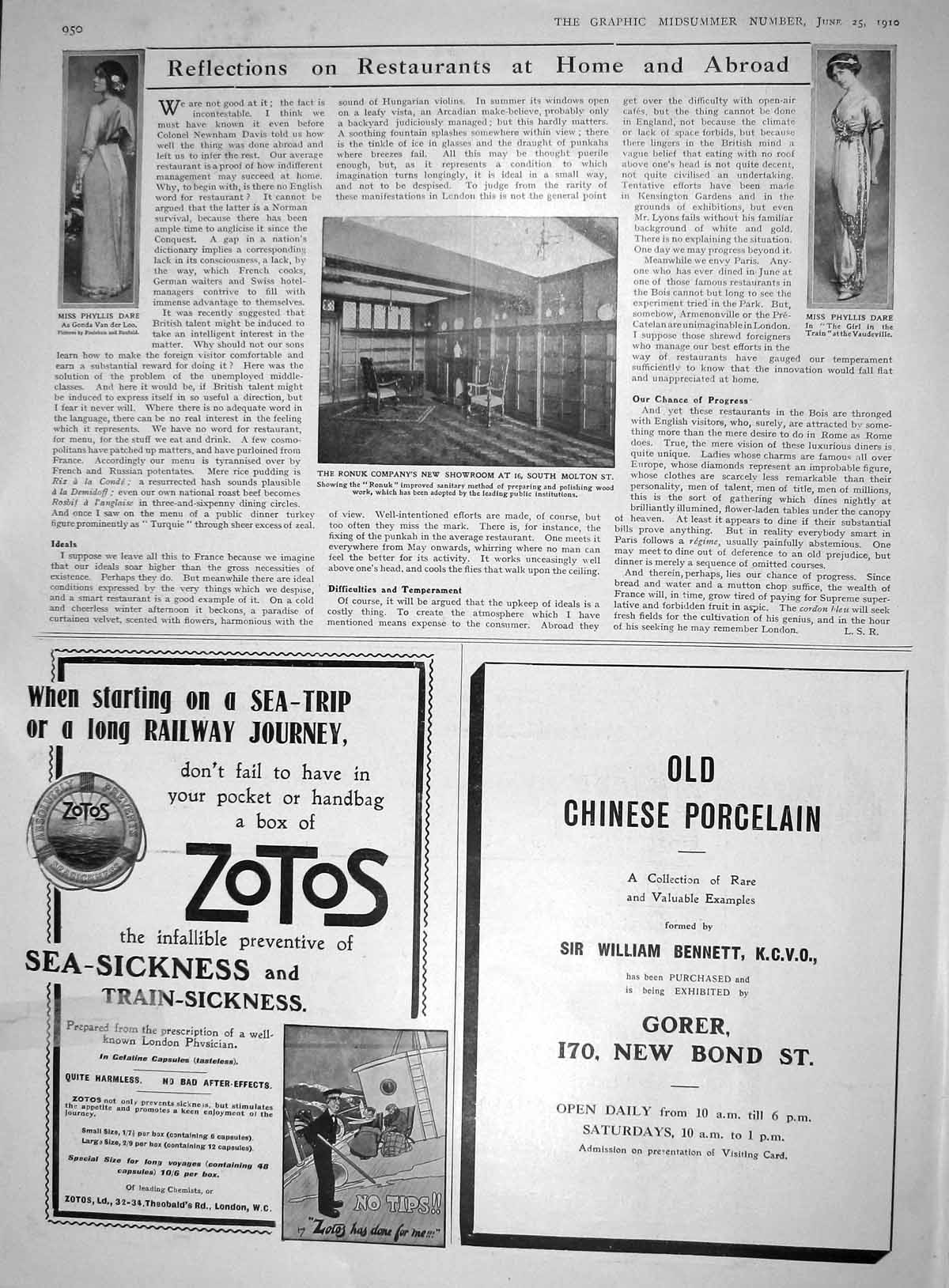 Antique Old Print 1910 Phyllis Dare Ronuk Showroom Moulton Zotos Sea-Sickness
