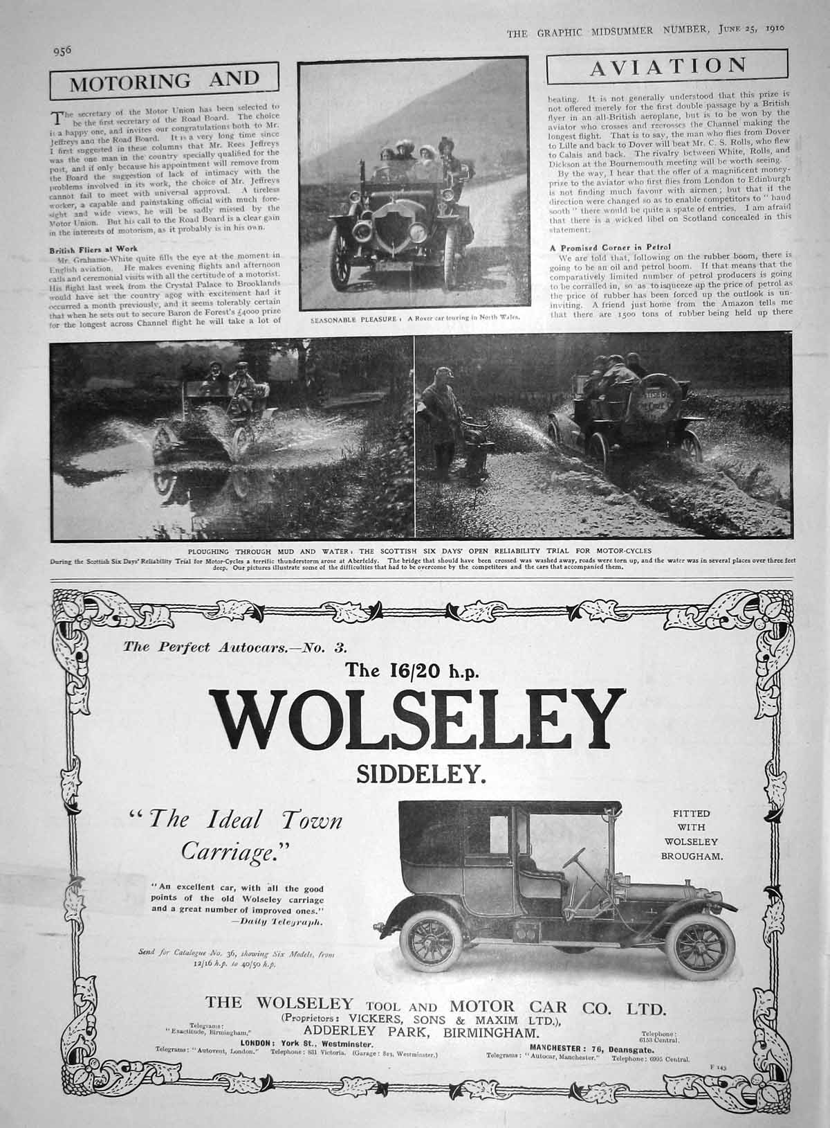 Antique Print 1910 Motor Car Wolseley Siddeley Rover Motor-Cycles Aberfeldy