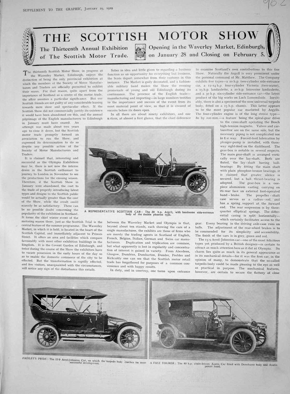 Old 1910 Motor Car Show Scotland Argyll Arrol-Johnston Austin Dunlop 20th