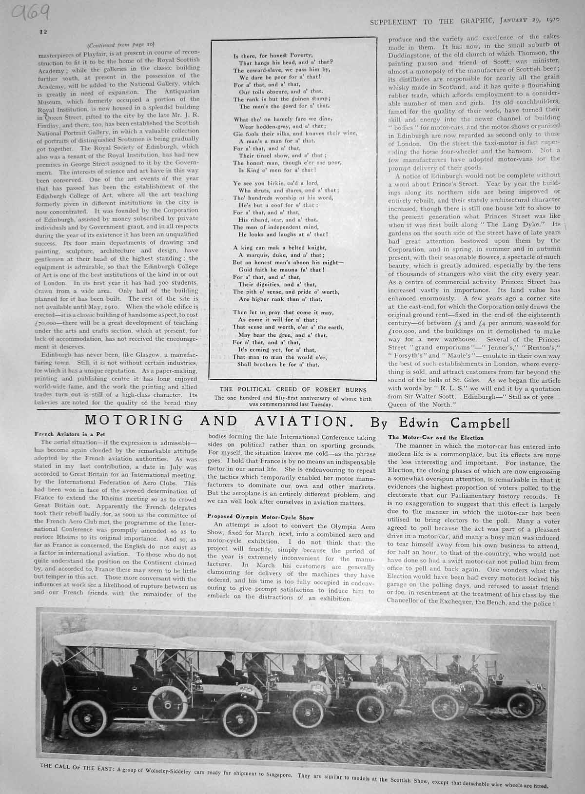 Original Old Antique Print 1910 Wolseley Siddeley Motor Cars Motoring Transport
