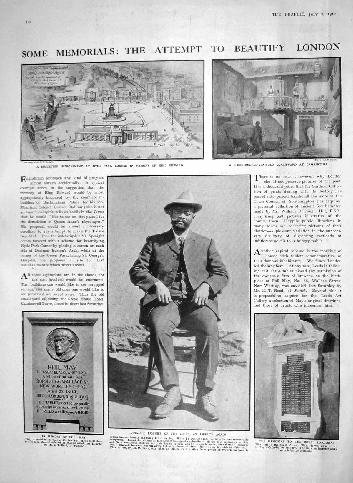 Old Antique Print 1910 Dinizulu Zulus Memorial Phil May Oberammergau Play 20th