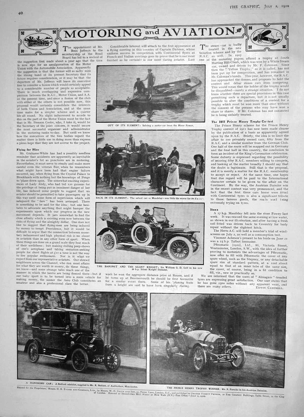 Old Antique Print 1910 Motor Car Porsche Daimler Goff Bedford Cabriolet 20th
