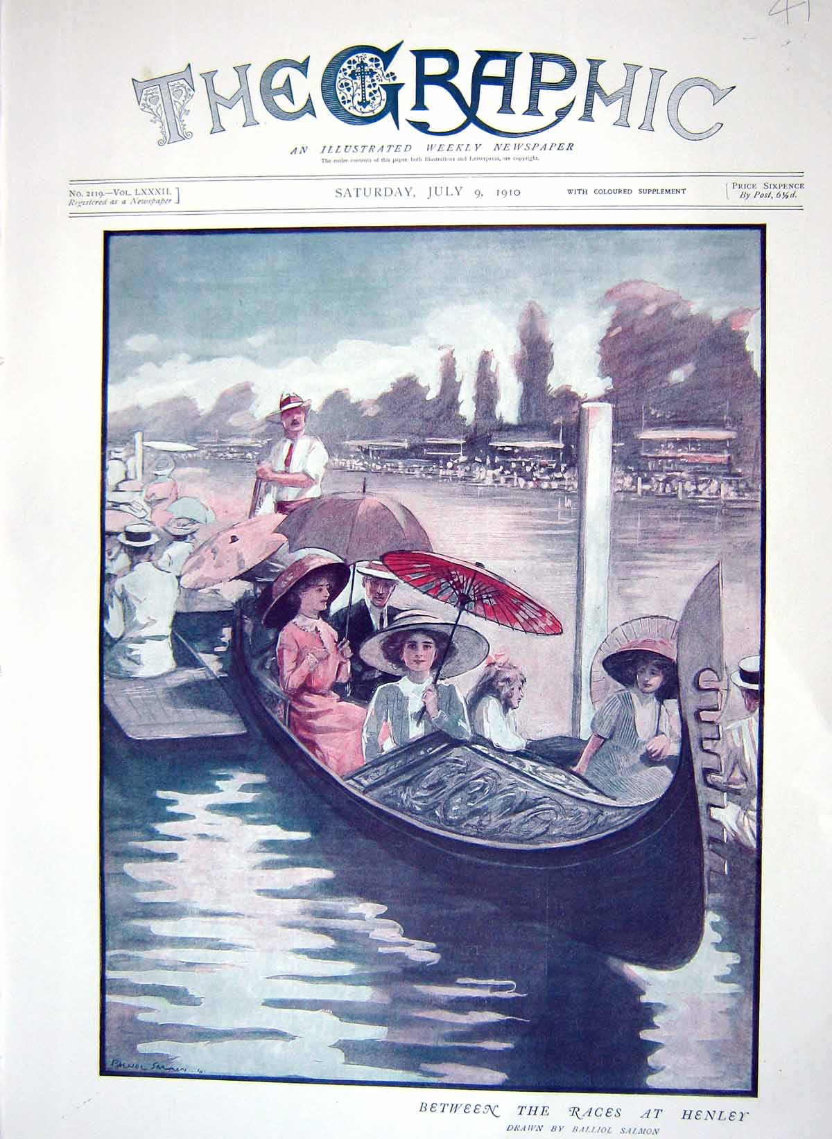 Original Old Antique Print 1910 Colour Between Races Henley Regatta Boat 20th