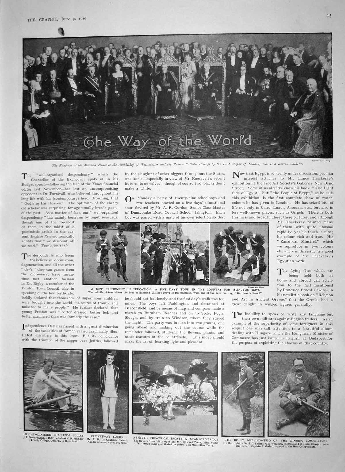 Original Old Antique Print 1910 Education Cricket Bisley Henley Garrick Theatre
