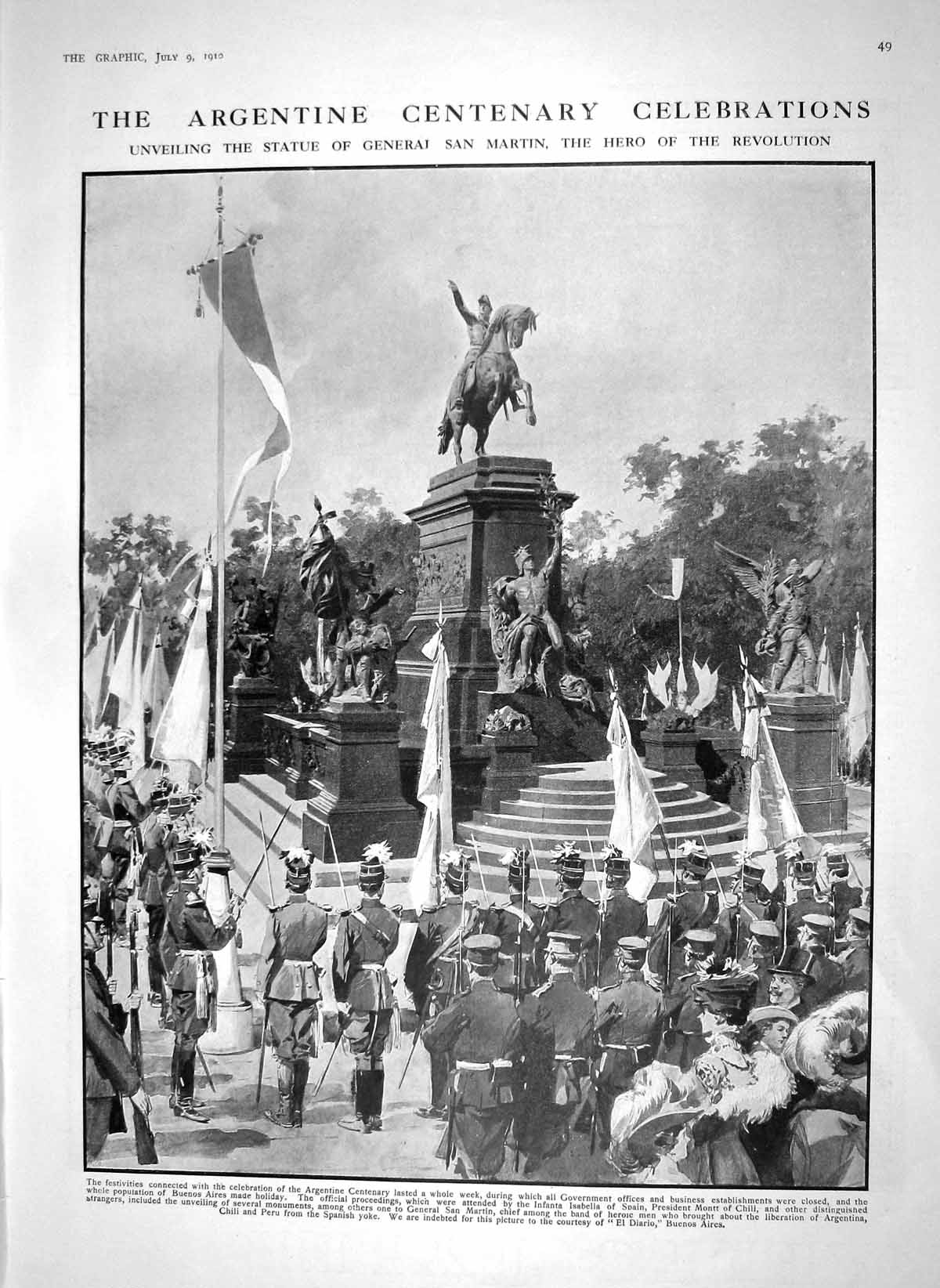Old Antique Print 1910 Statue General San Martin Argentine Strauss Lehar 20th