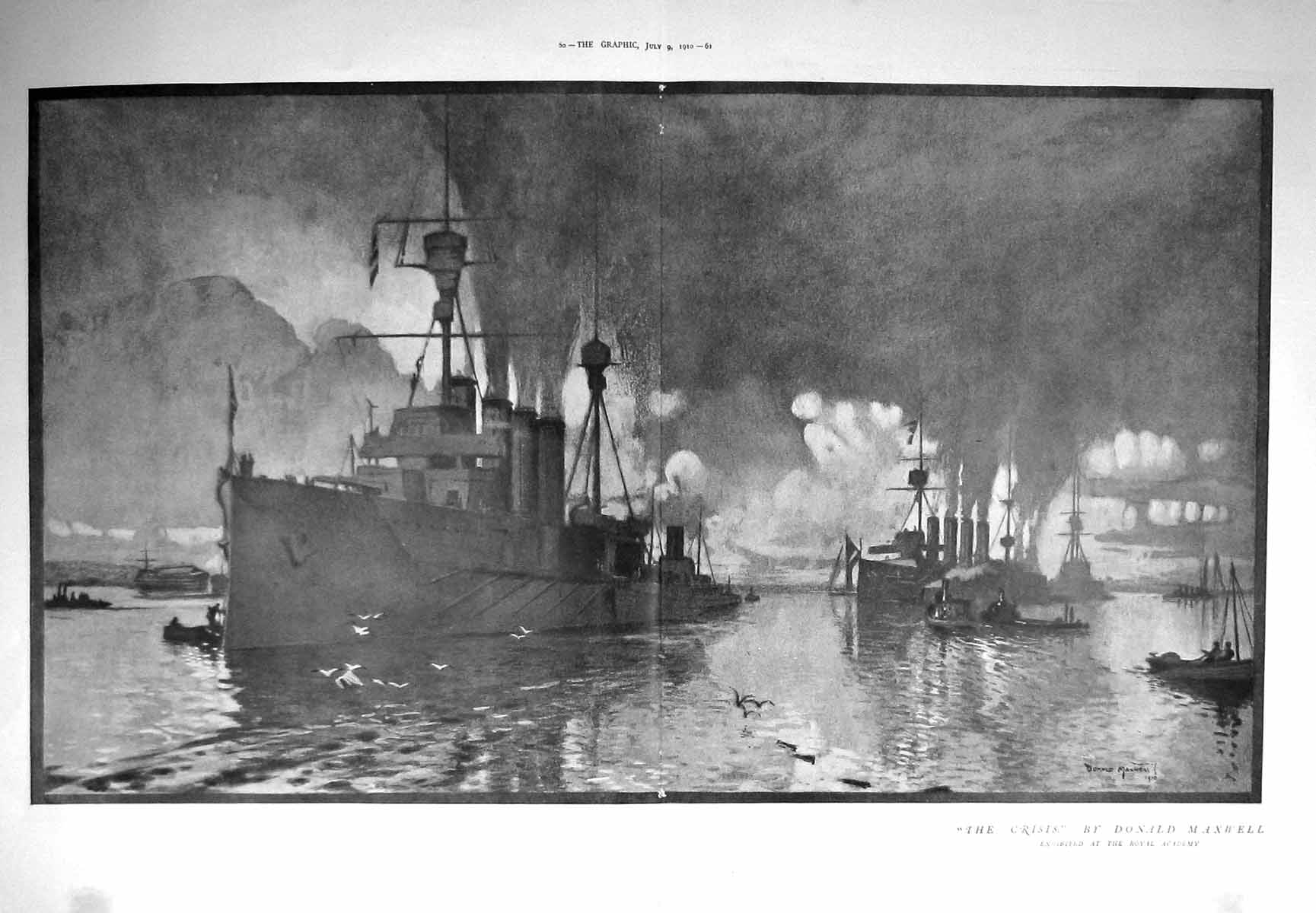 Original Old Antique Print 1910 Crisis Donald Maxwell War Ships 0 20th Century