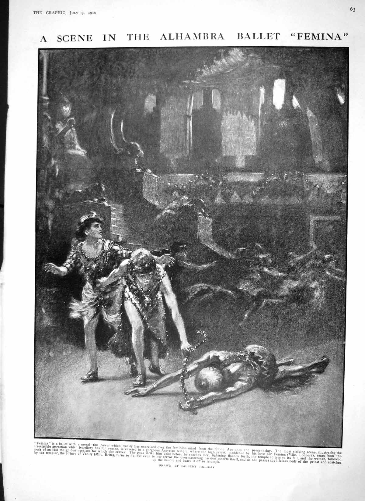 Old Antique Print 1910 Alhambra Theatre Ballet Femina Killiecrankie River 20th