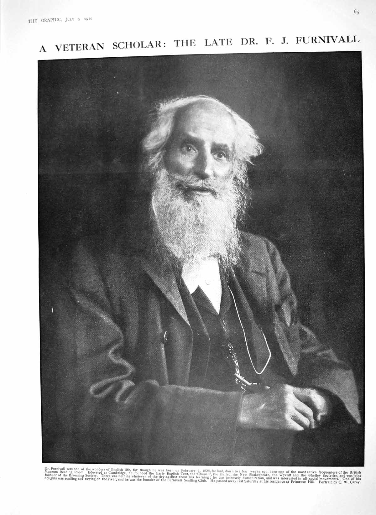 Original Old Antique Print 1910 Dr. Furnivall Scholar Railway Canada Backwoods
