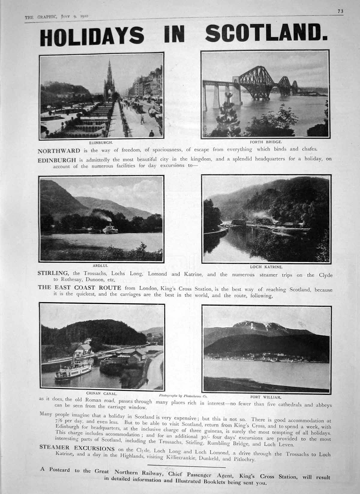 Original Old Antique Print 1910 Scotland Edinburgh Katrine William Forth Norway