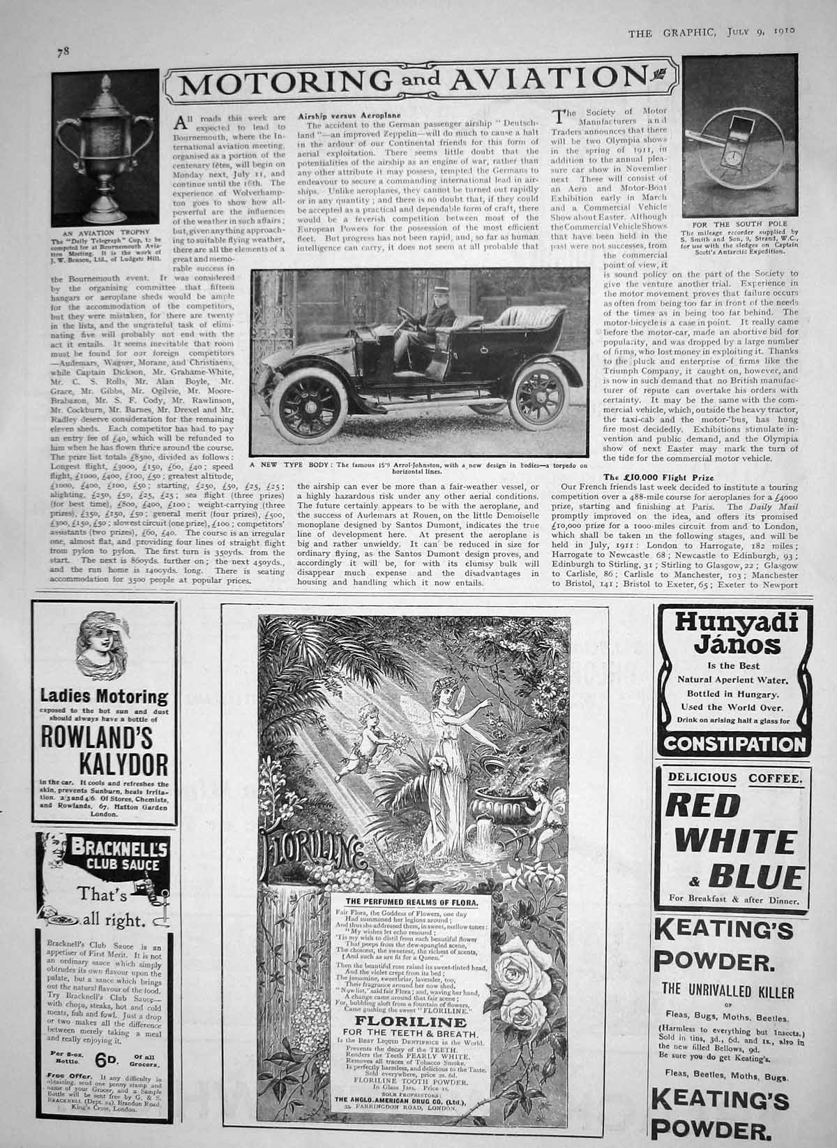 Original Old Antique Print 1910 Motor Car Arrol-Johnston Aviation Trophy Scott