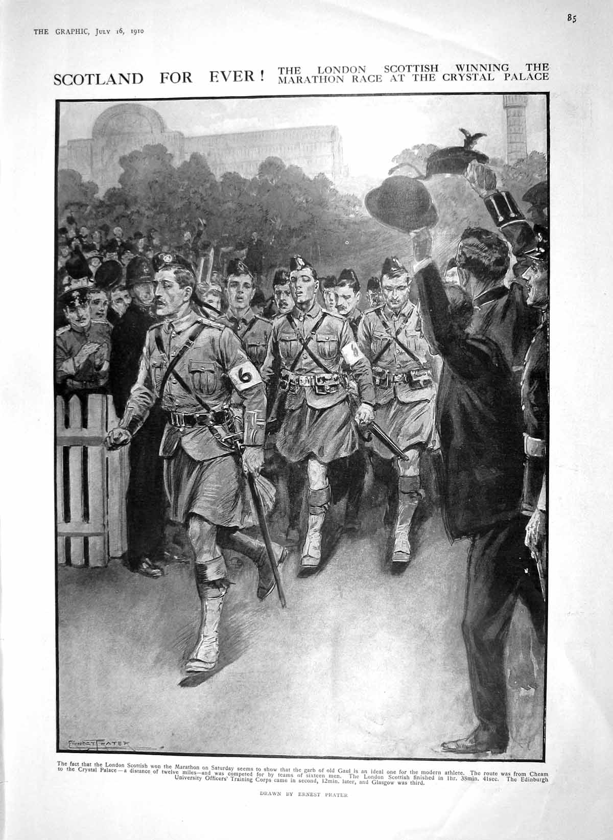 Old Antique Print 1910 London Cheam Scottish Army Marathon Aviation Rolls 20th