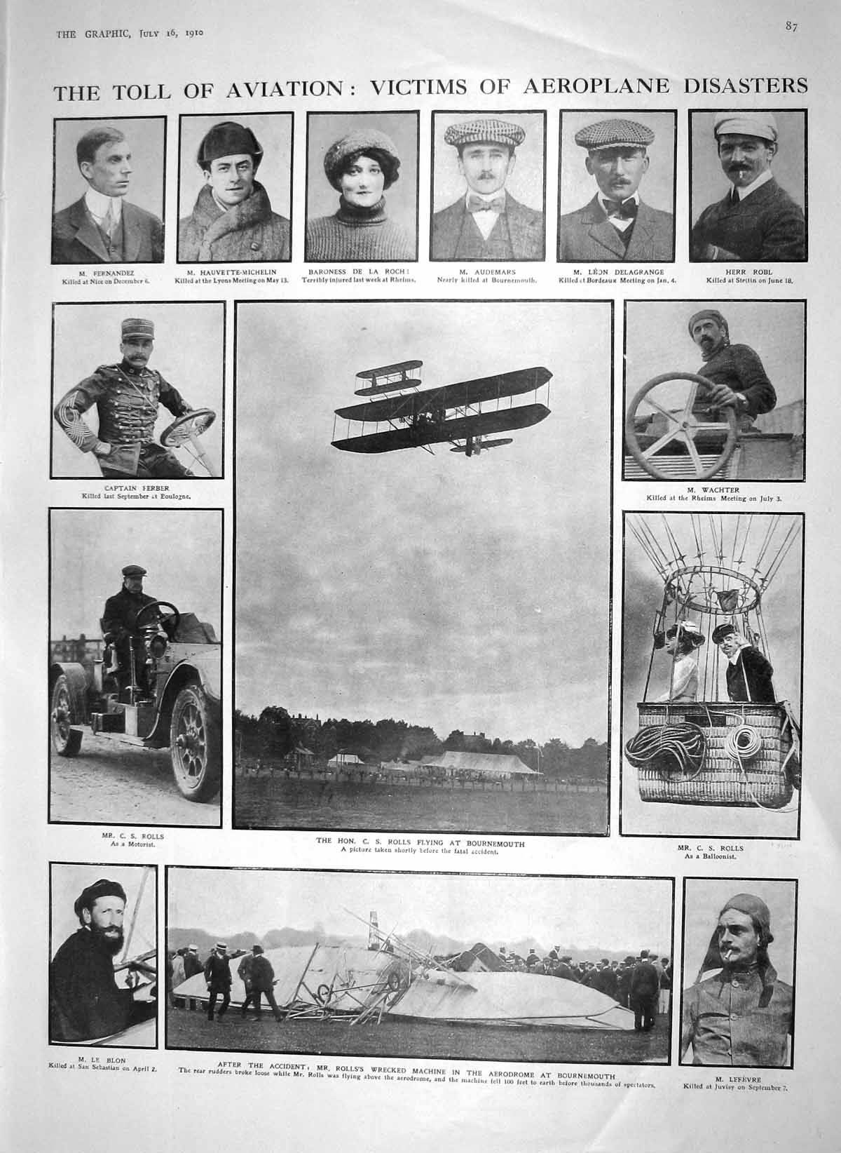 Old Antique Print 1910 Aviation Rolls Rocjrobl Wachter Cox Ross Crookes 20th
