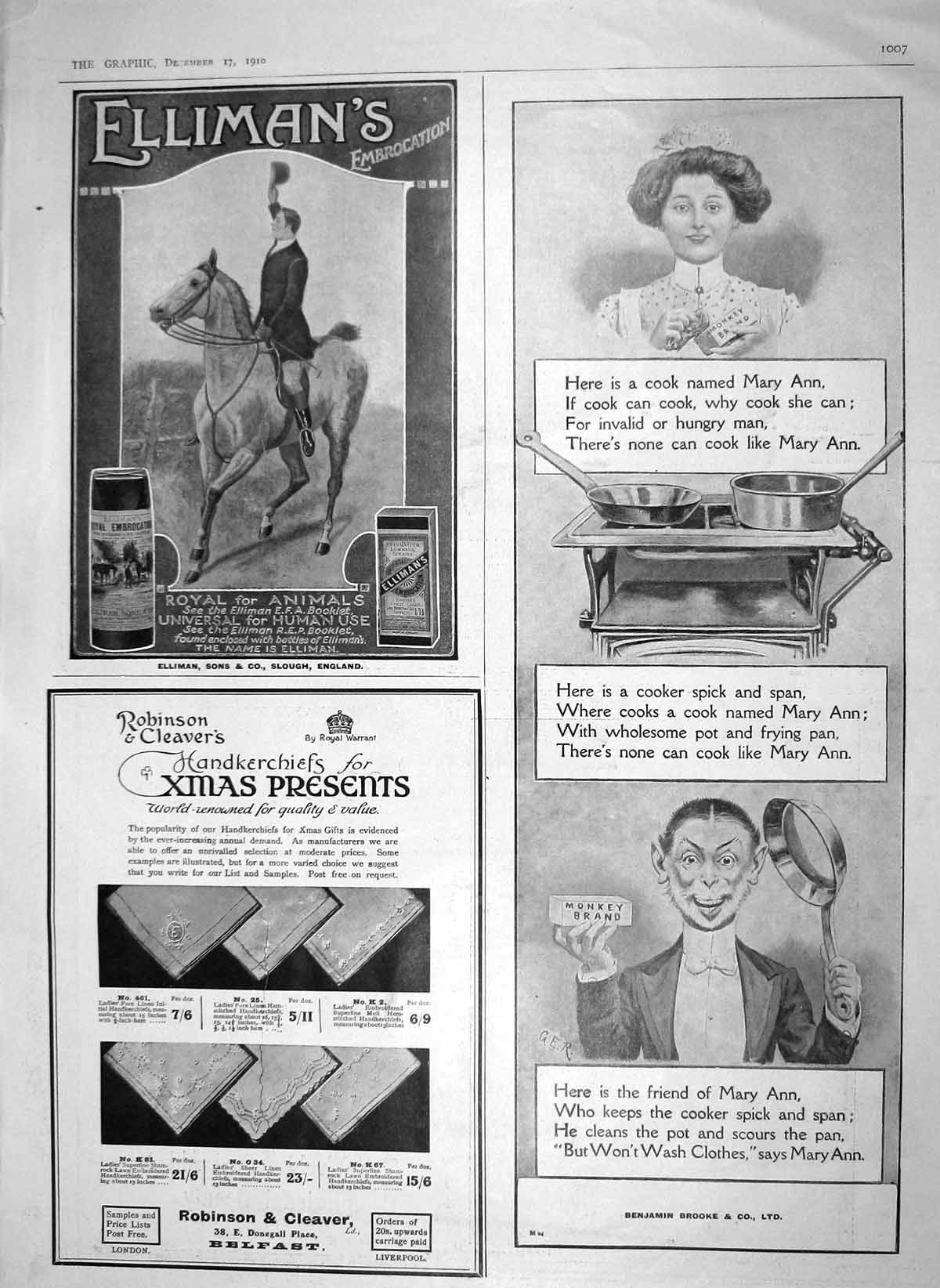Old Antique Print 1910 Ellimans Embrocation Monkey Brand Soap Robinson 20th