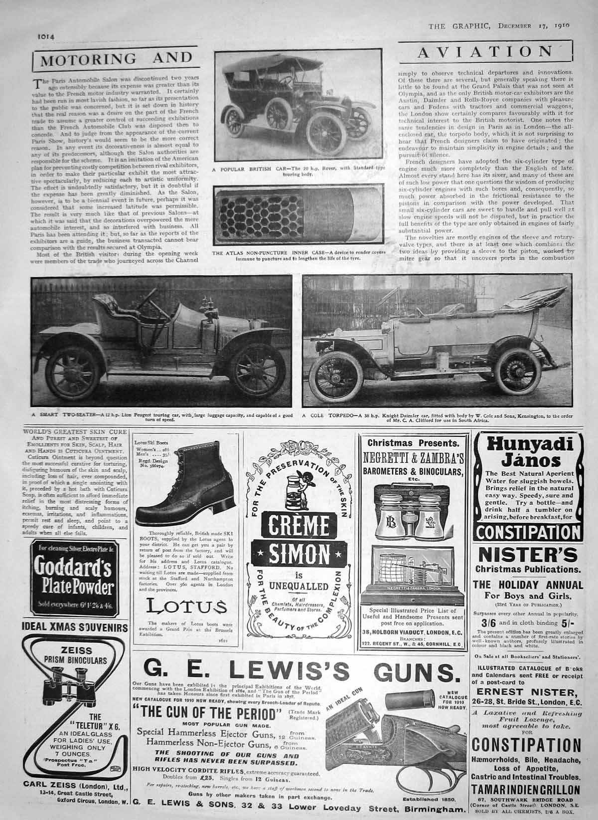 Old Antique Print 1910 Motor Car Rover Lion Peugeot Knight Daimler Guns 20th