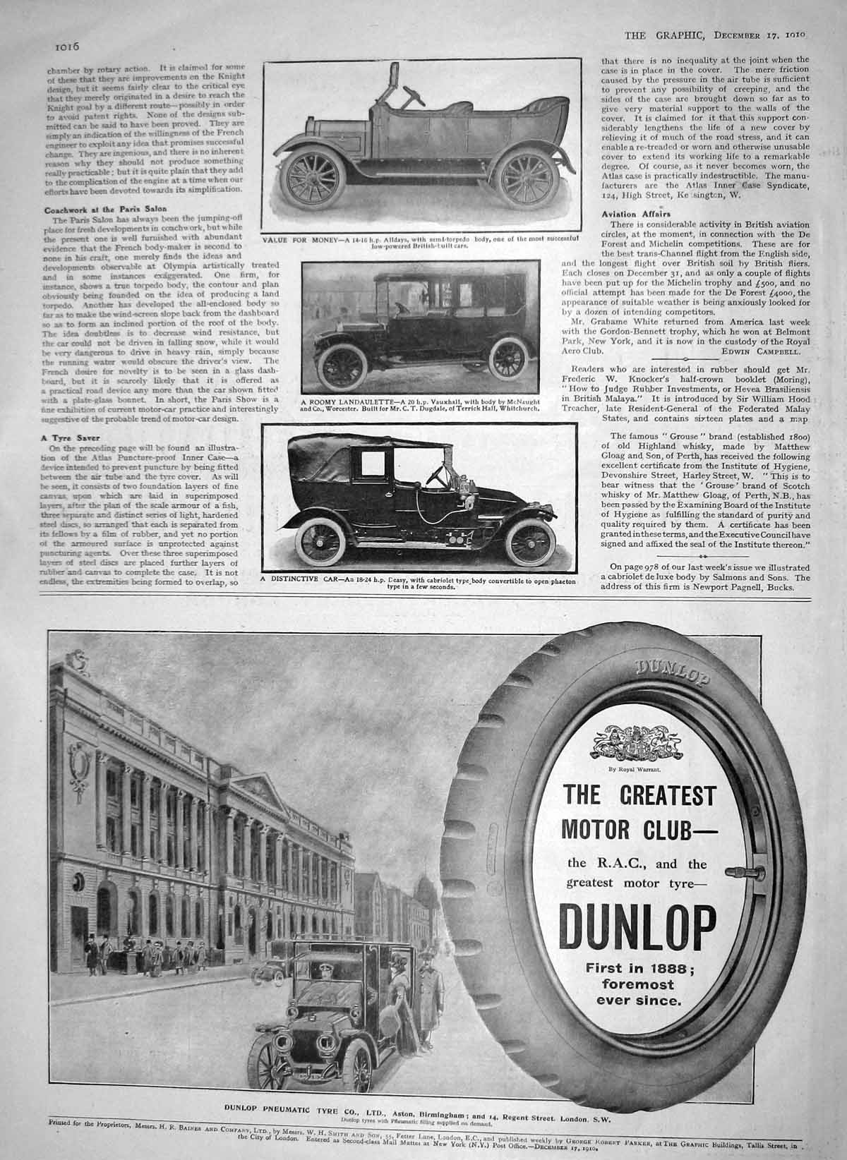 Antique Old Print 1910 Alldays Motor Car Landaulette Phaeton Dunlop Tyres 20th