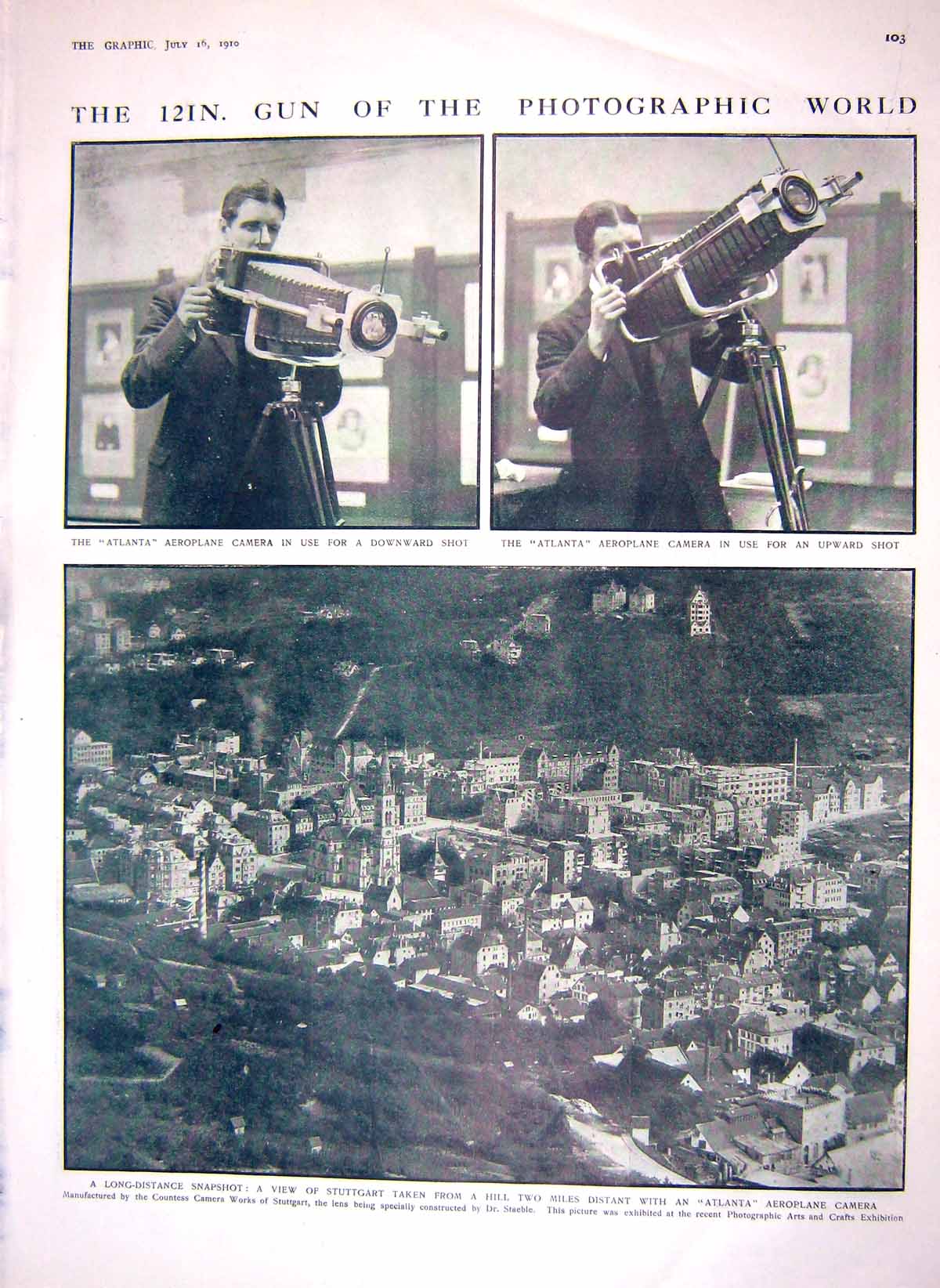 Old Antique Print 1910 Atlanta Aeroplane Camera Buonaparte Tussaud Grey 20th