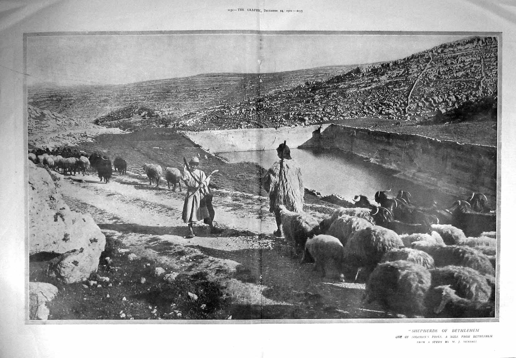 Original Old Antique Print 1910 Scene Shepherds Bethlehem Solomon Pools Sheep