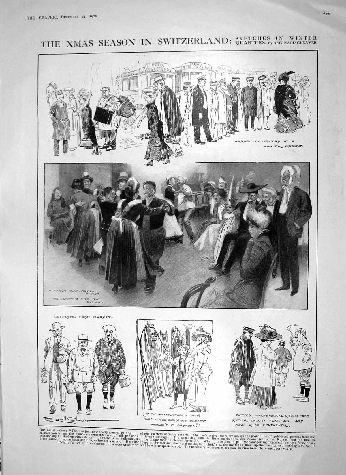 Old Antique Print 1910 Christmas Switzerland Winter Ski-Running Norway 20th