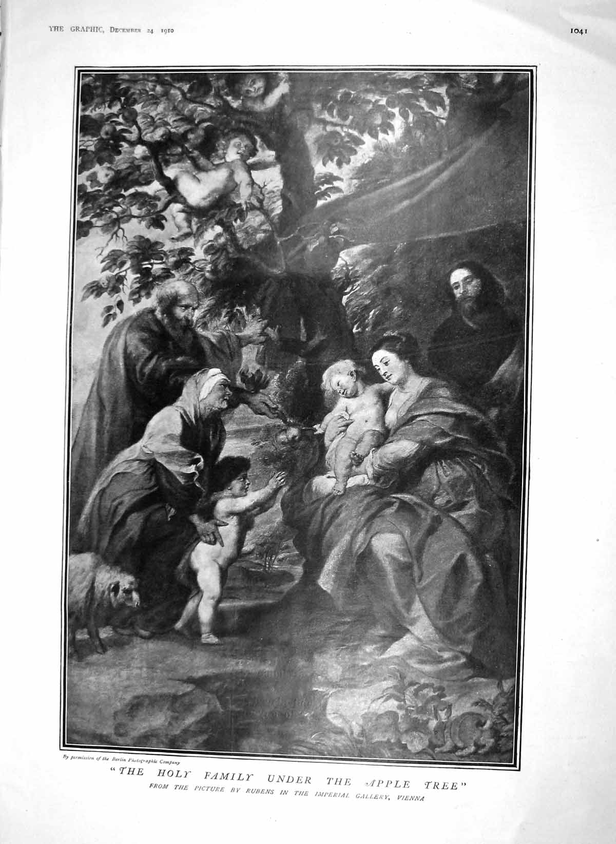 Old Antique Print 1910 Holy Family Apple Tree Rubens Needlework Picture 20th