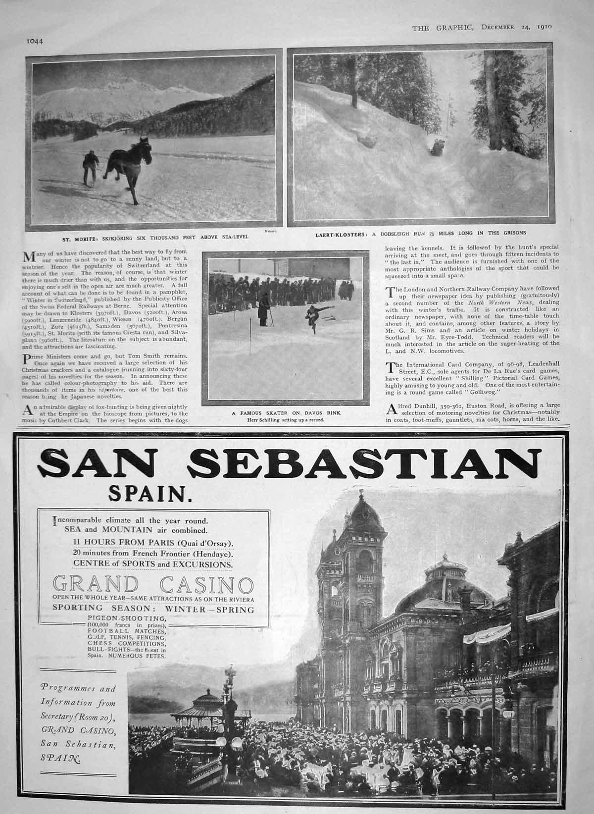 Old Antique Print 1910 St. Moritz Skikjoring Bobsleigh Ice Skater Davos 20th