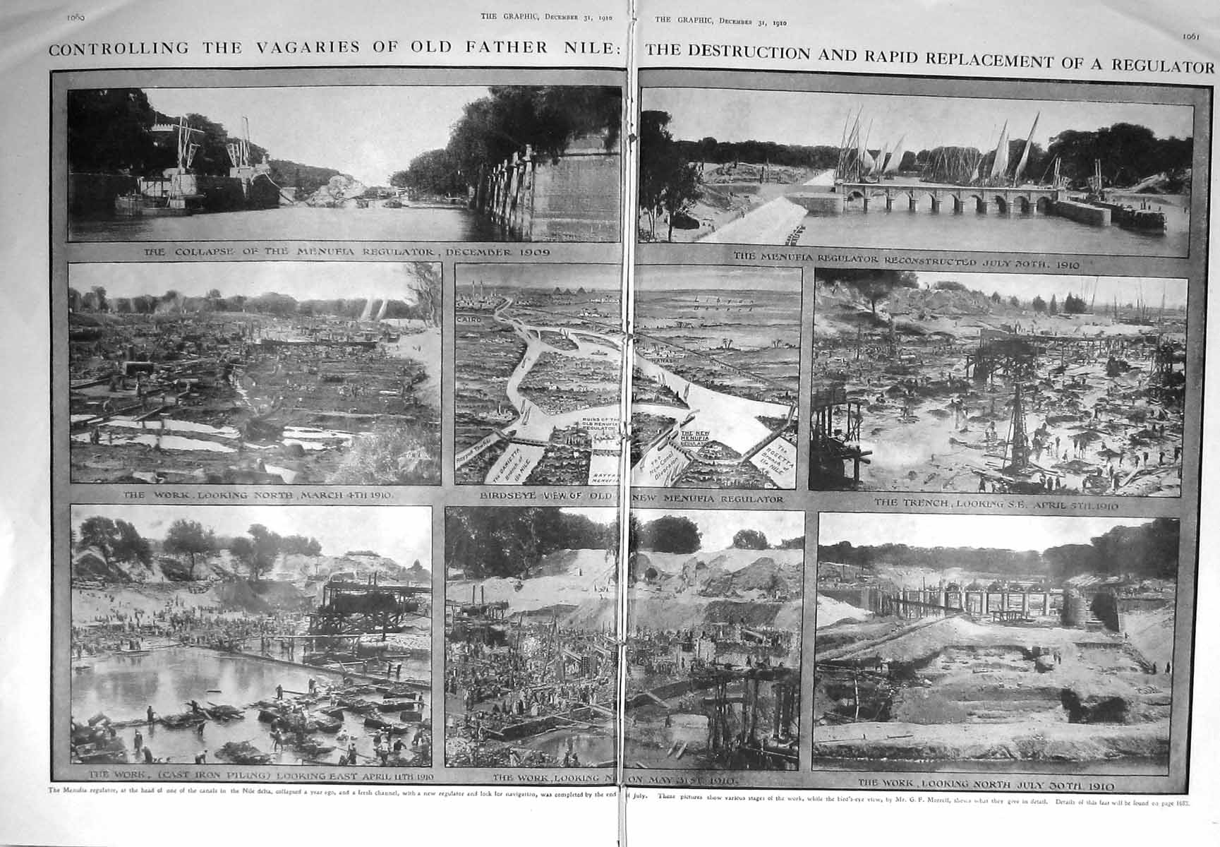 Old Antique Print 1910 River Nile Menufia Regulator Construction Bridge 20th