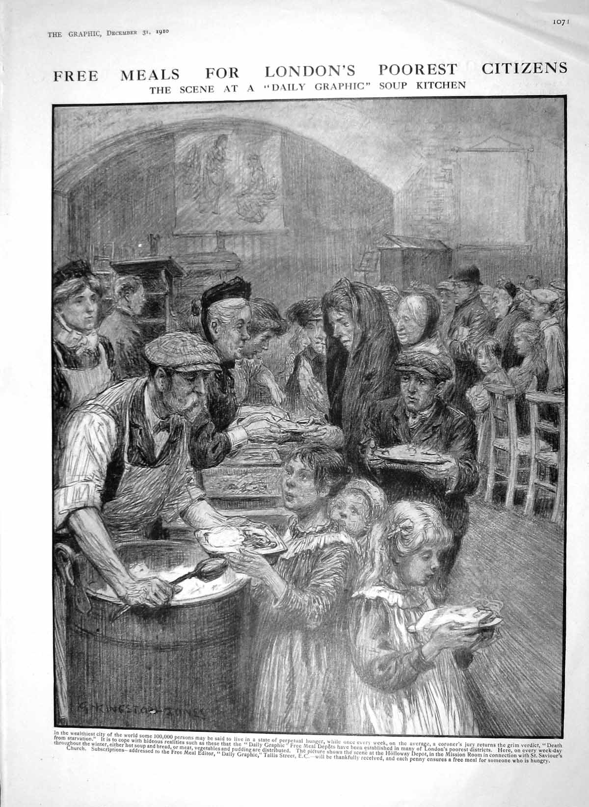 Original Old Antique Print 1910 Soup Kitchen London Poor People Italian Salome