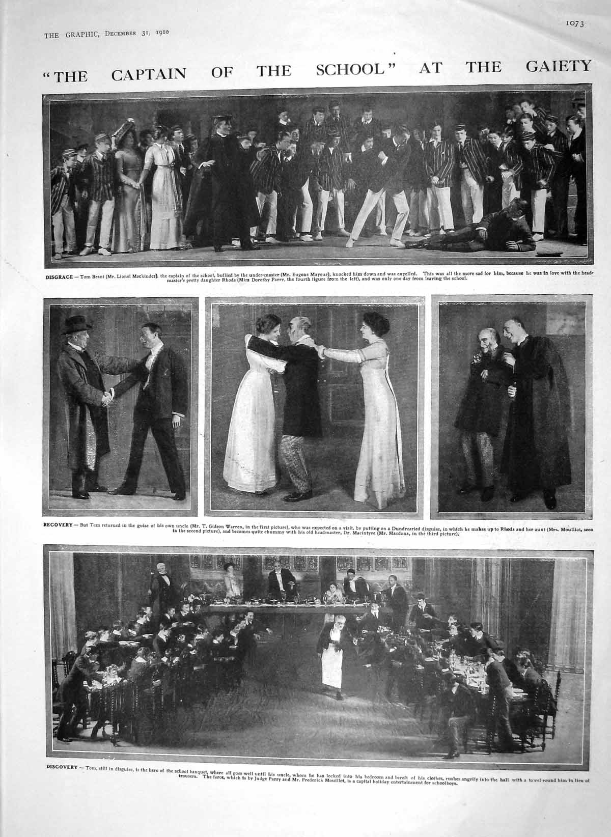 Original Old Antique Print 1910 Gaiety Theatre Captain School Napoleon Corsica