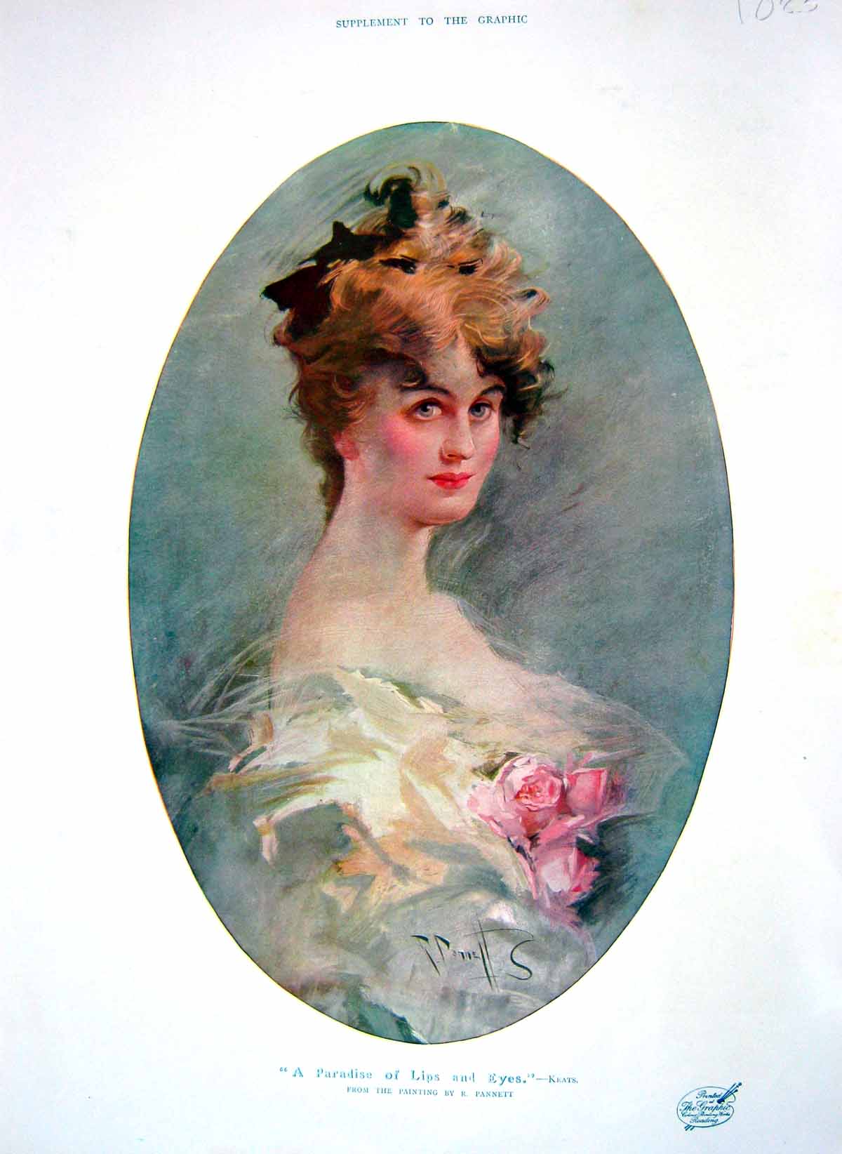 Original Old Antique Print 1910 Colour Paradise Lips Eyes Beautiful Lady 20th