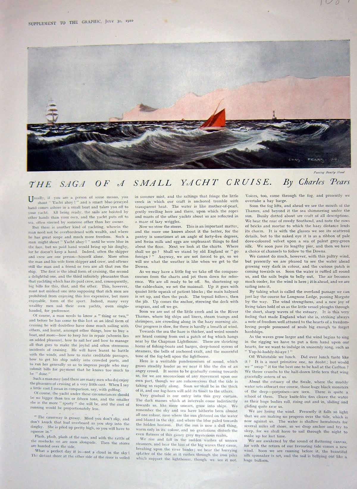 Old Antique Print 1910 Story Saga Small Yacht Cruise Cowes Beachy Head 20th