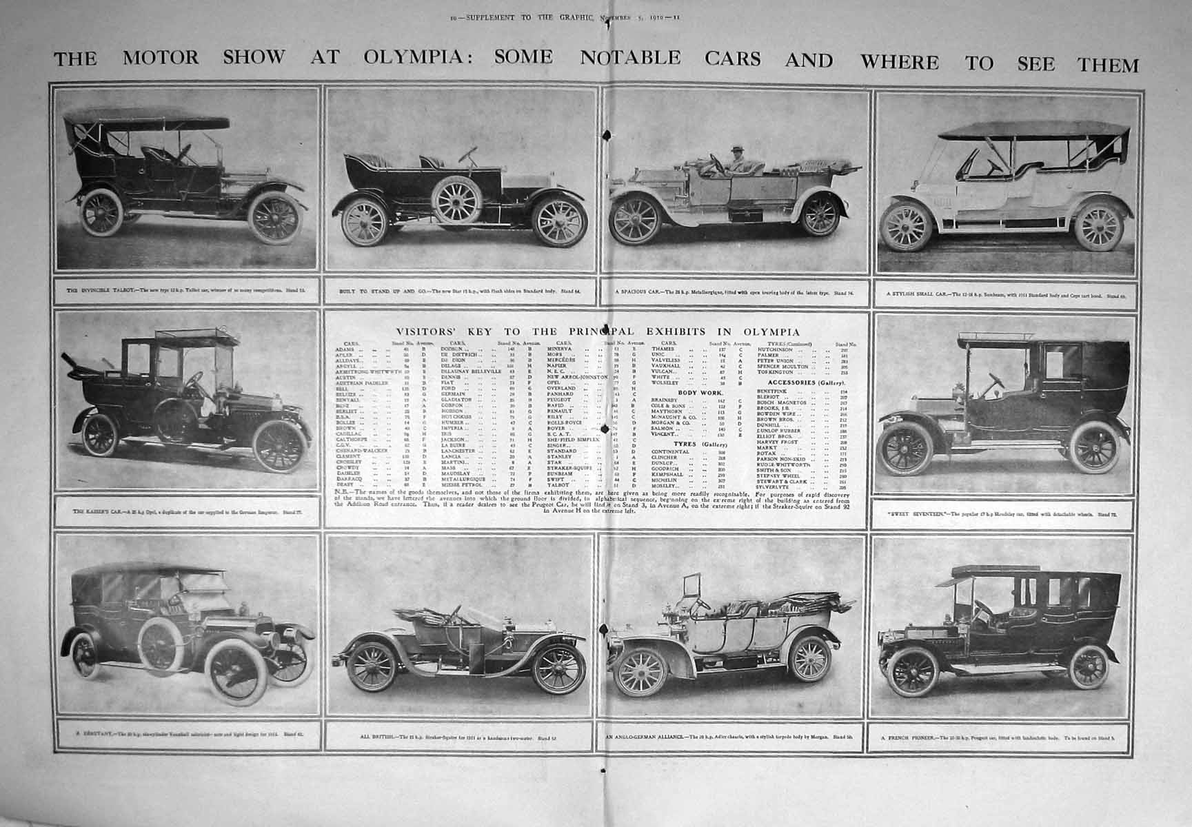 Original Old Antique Print 1910 Motor Car Show Olympia Adler Peugeot Sunbeam