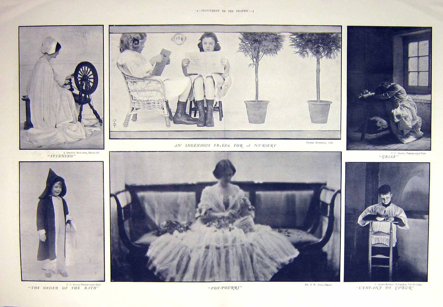 Original Old Antique Print 1910 Photograph Nursery Spinning Wheel Pot-Pourri