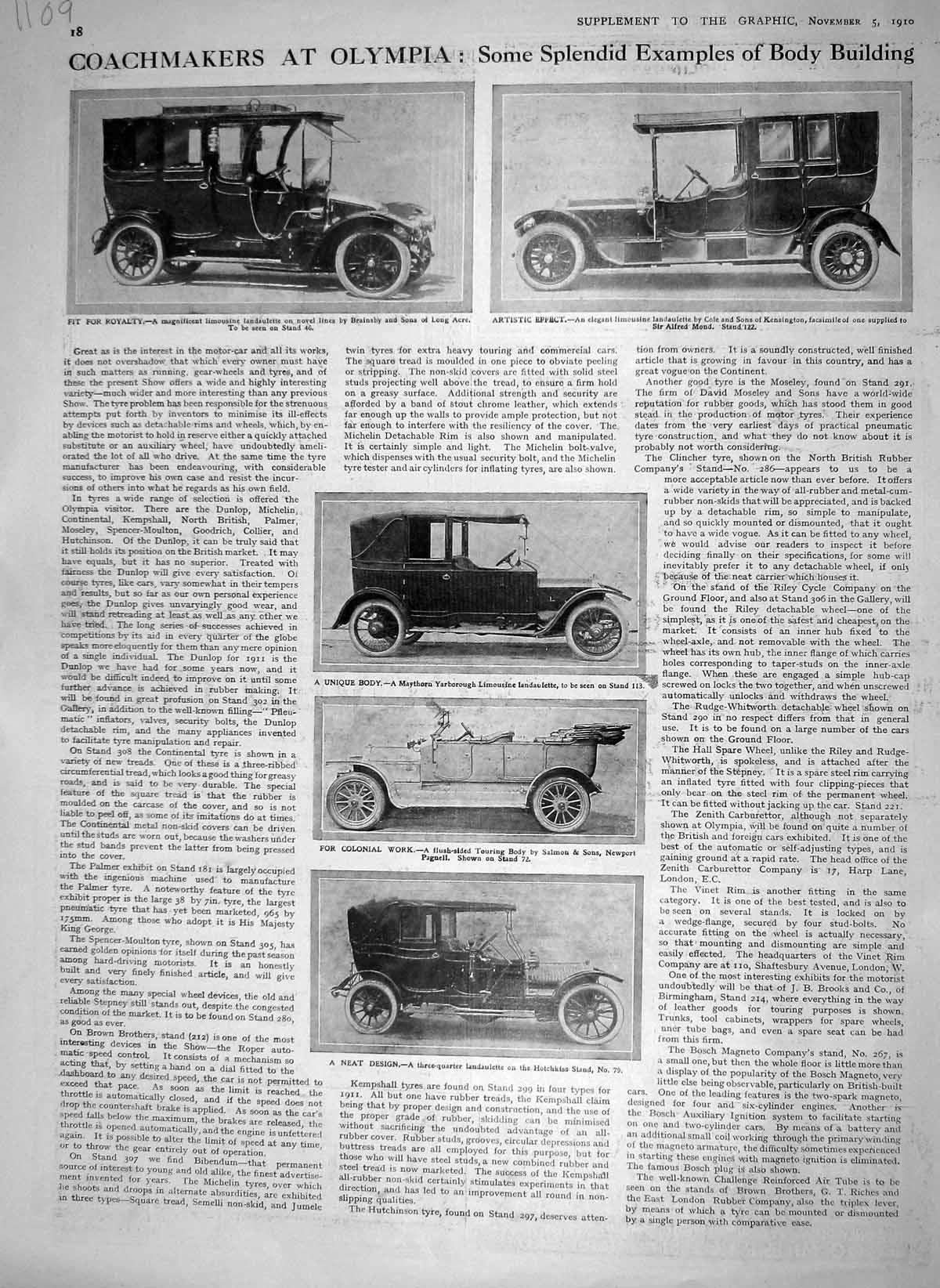 Antique Old Print 1910 Coachmakers Olympia Landaulette Peugeot Cars Motor 20th