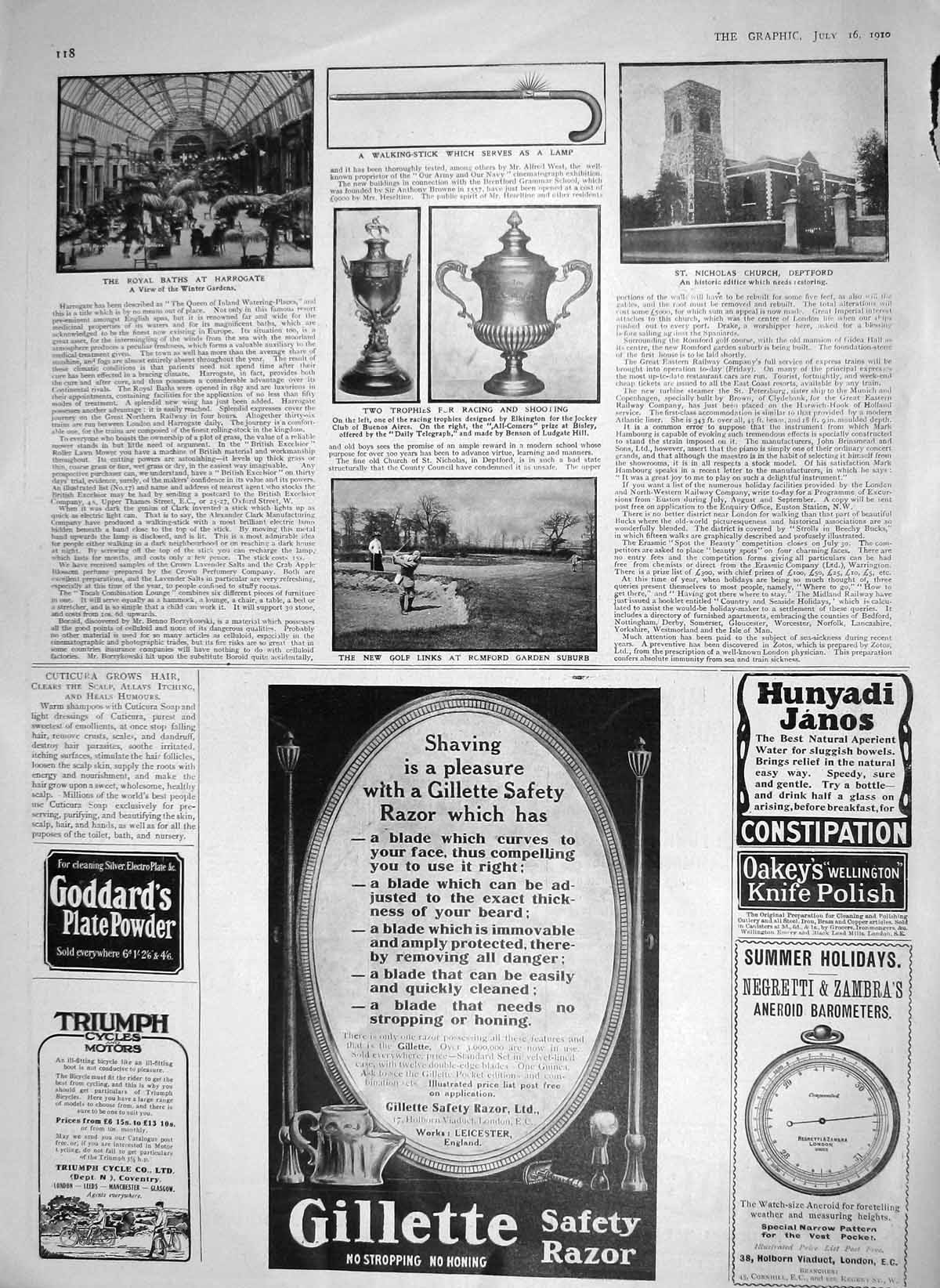 Original Old Antique Print 1910 Golf Romford Baths Harrogate Church Deptford
