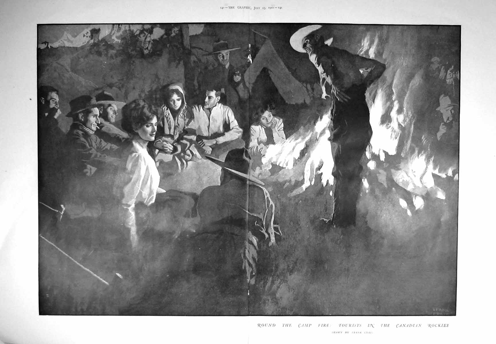 Old Antique Print 1910 Tourists Canadian Rocky Mountains Camp Fire Scene 20th