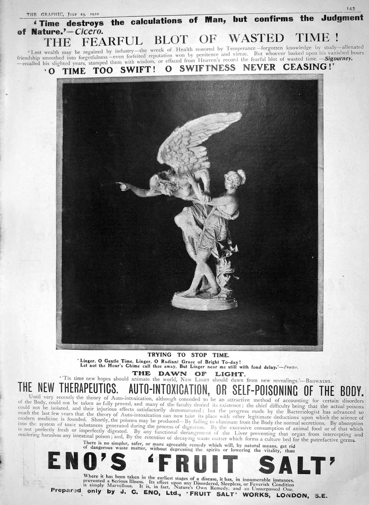 Original Old Antique Print 1910 Eno'S Fruit Salt Statue Augustus Fisher Booth