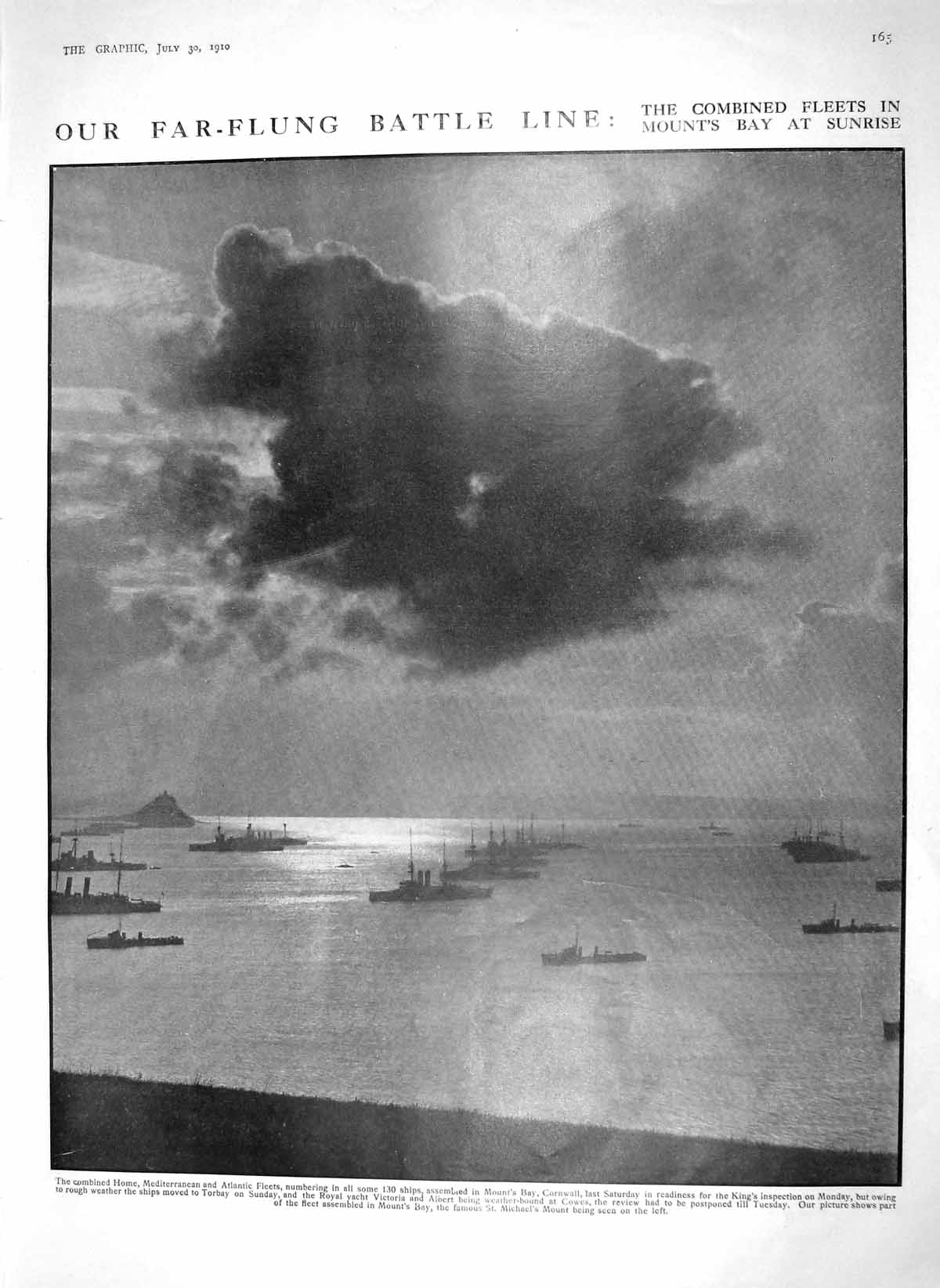Original Old Antique Print 1910 Mount'S Bay War Ships Grahame-White Biplane