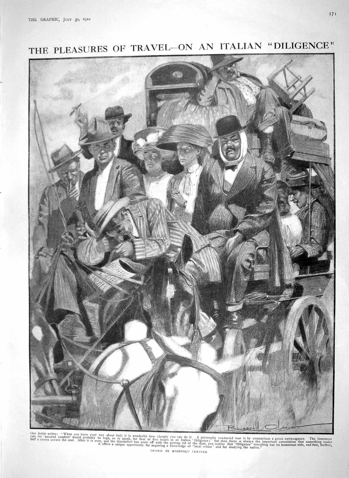 Original Old Antique Print 1910 Italy Transport Diligence Travelling Passengers