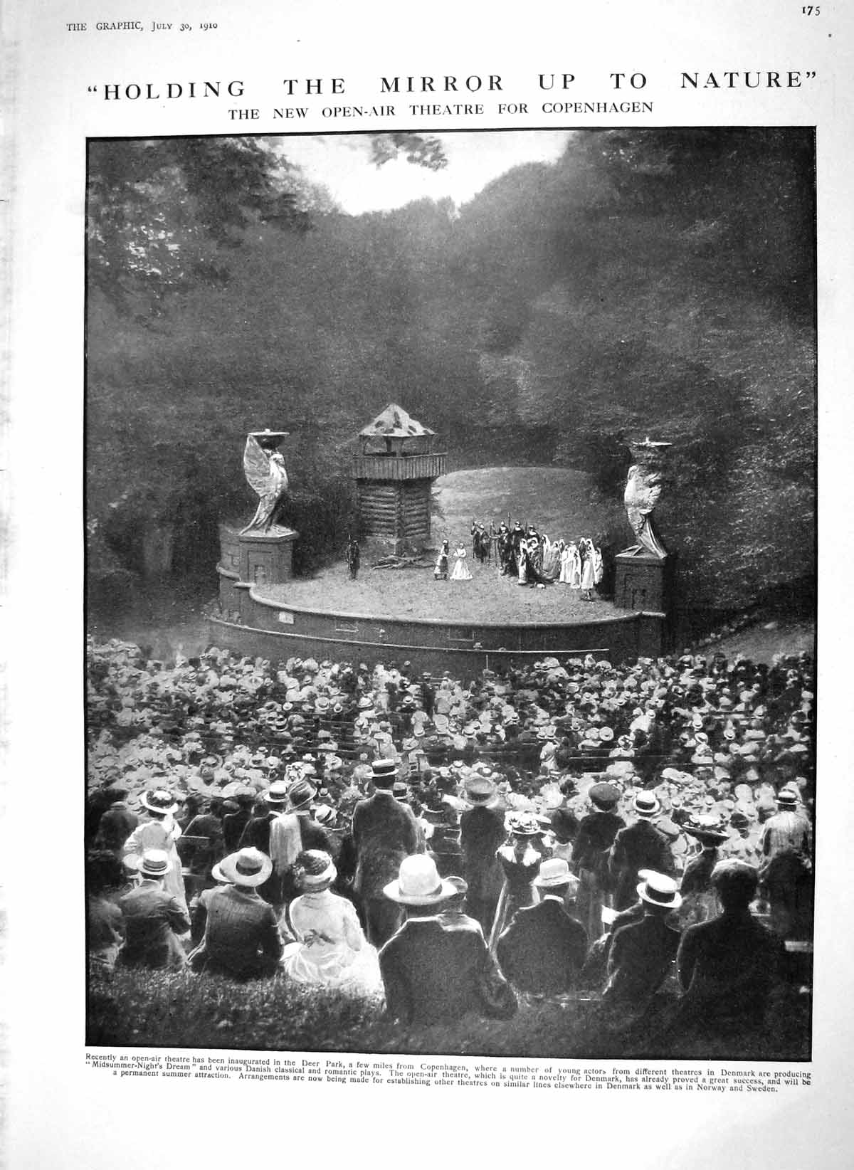 Original Old Antique Print 1910 Open-Air Theatre Copenhagen Deer Park Denmark