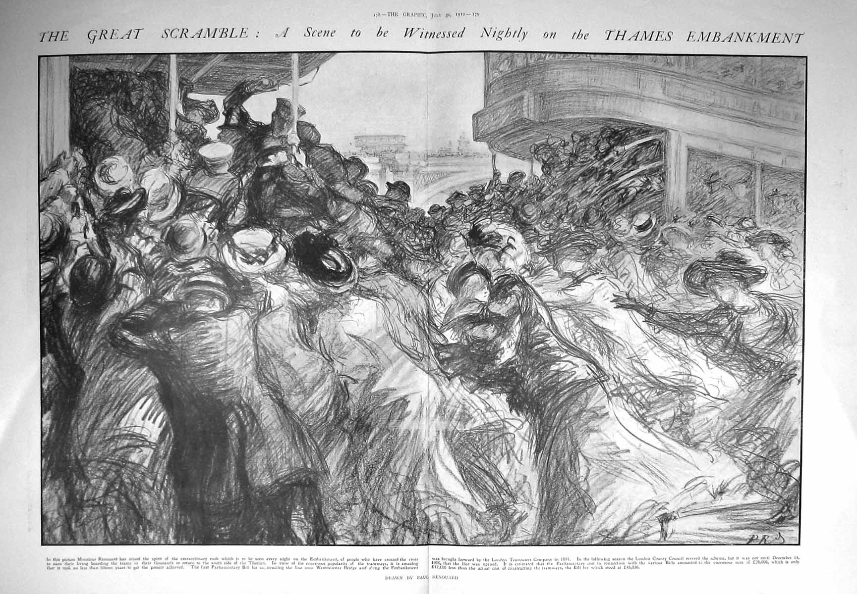 Antique Old Print 1910 Thames Embankment Monsieur Renouard Crossing River 20th