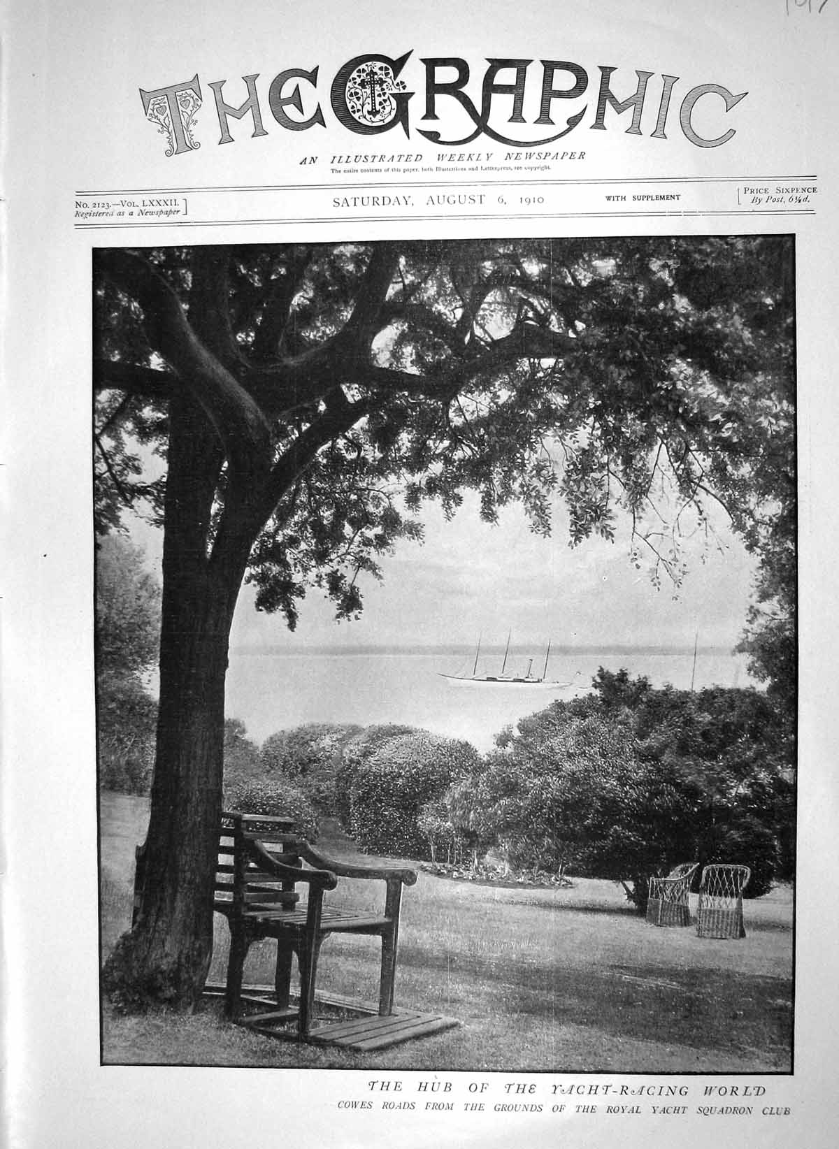 Original Old Antique Print 1910 Cowes Roads Grounds Royal Yacht Squadron Club