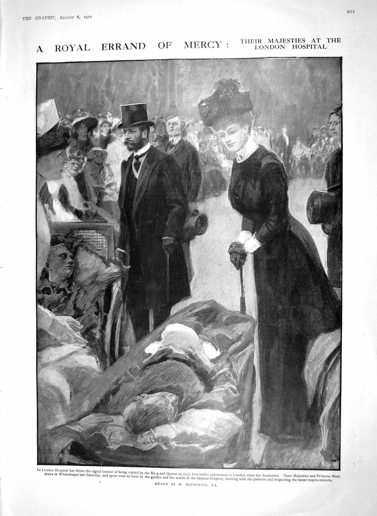 Old Antique Print 1910 King Princess Mary London Hospital Cowes Brig Ayr 20th