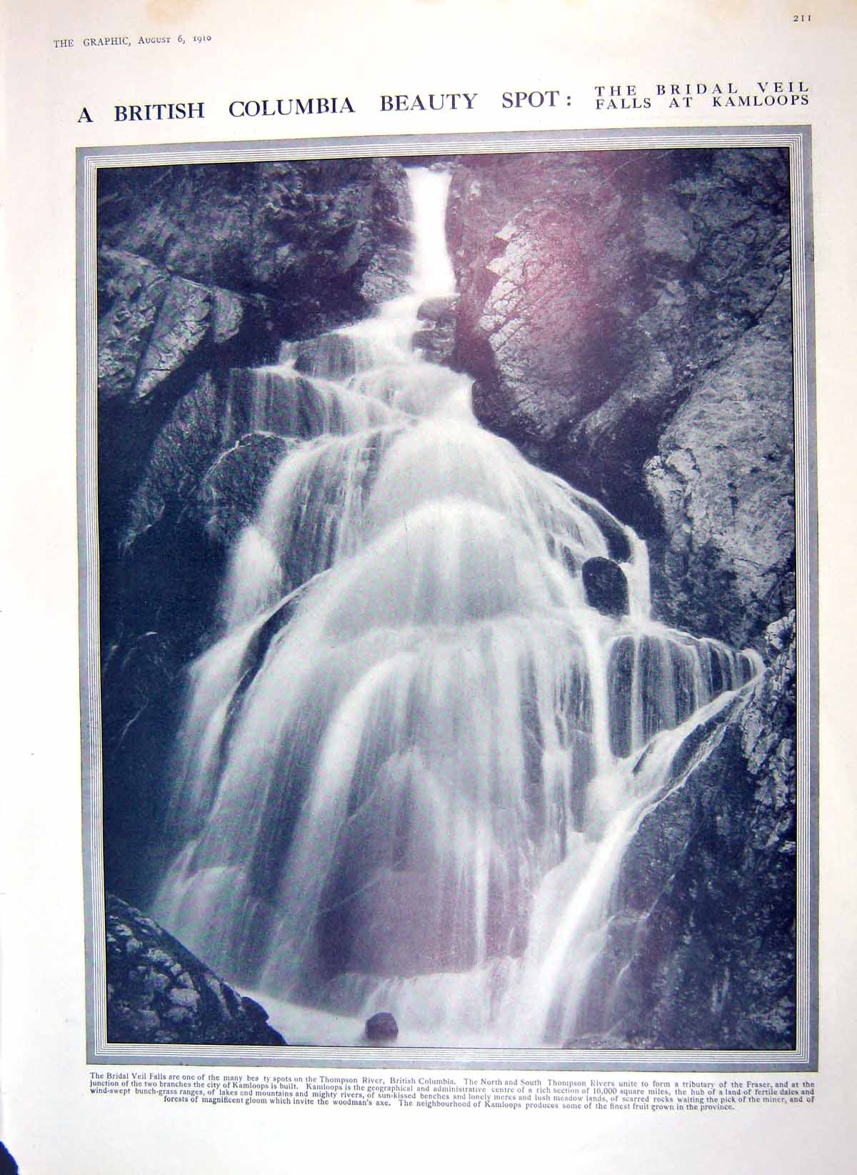 Original Old Antique Print 1910 Bridal Veil Falls Kamloops Columbia Cowes Club