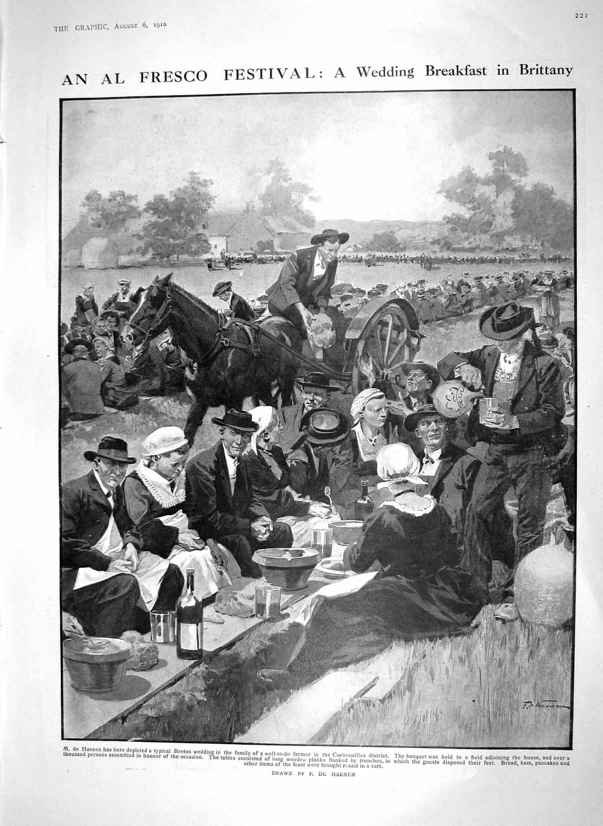 Old Antique Print 1910 Breton Wedding Breakfast Brittany Church Brigade 20th