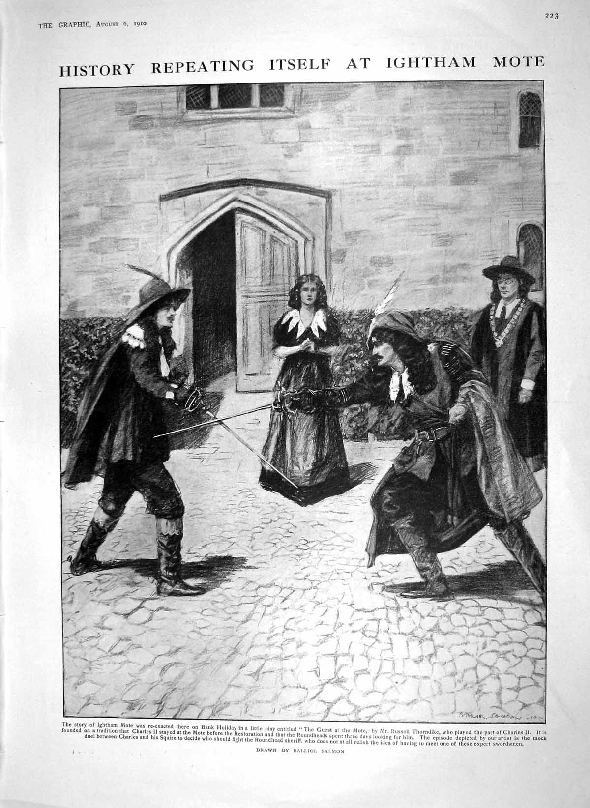 Original Old Antique Print 1910 Ightham Mote Duel Thorndike Woodland Pool Lady