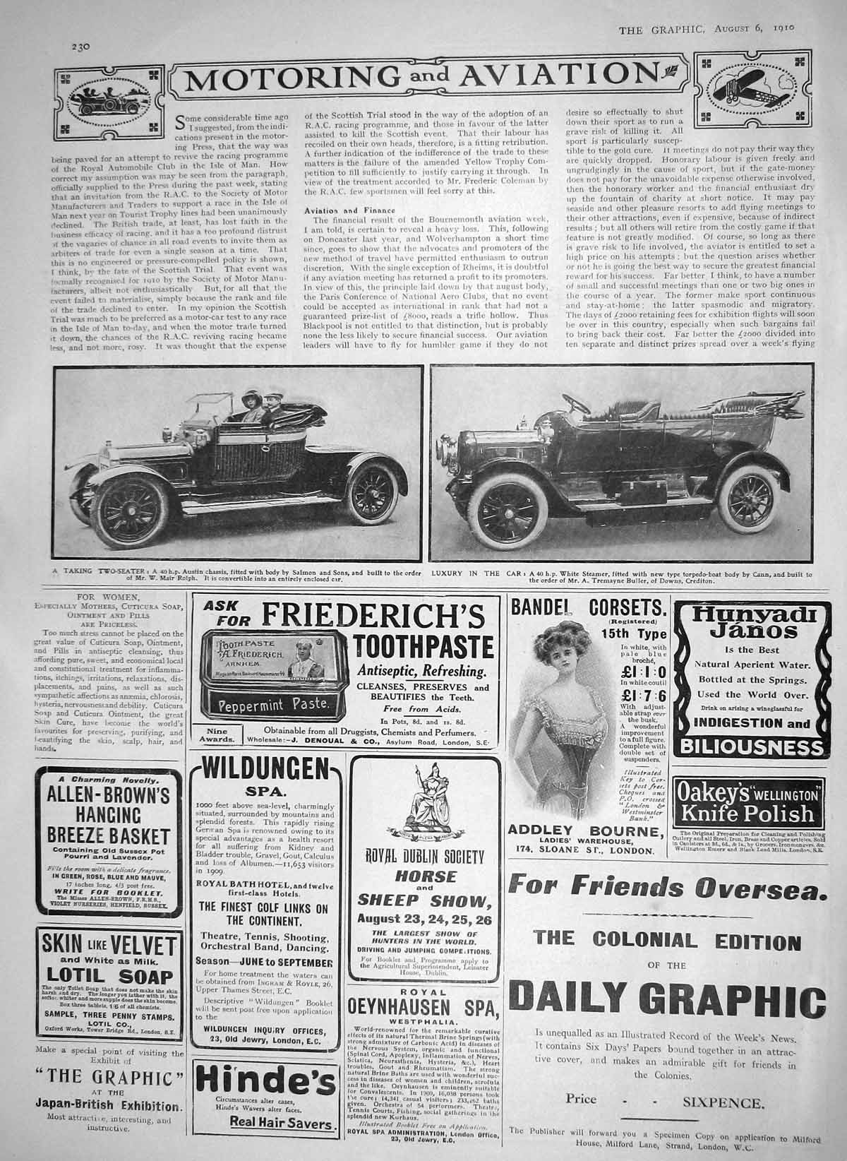 Original Old Antique Print 1910 Motor Car Austin White Steamer Cann Toothpaste
