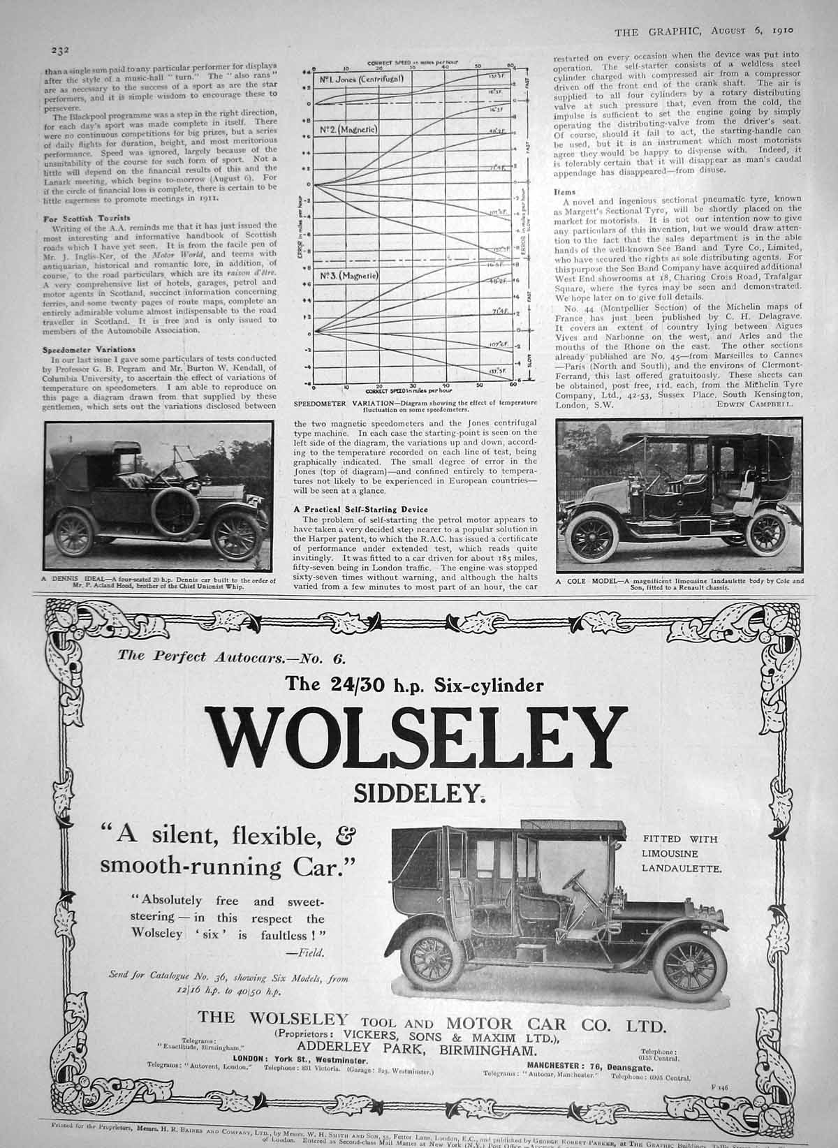 Original Old Antique Print 1910 Limousine Landaulette Dennis Motor Car Wolseley